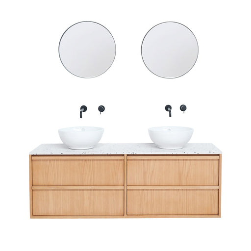 Eiken badkamerkast Fien - 150 cm - Scandinavisch design - Inclusief Alexis I waskommen en wit terrazzo bovenplaat
