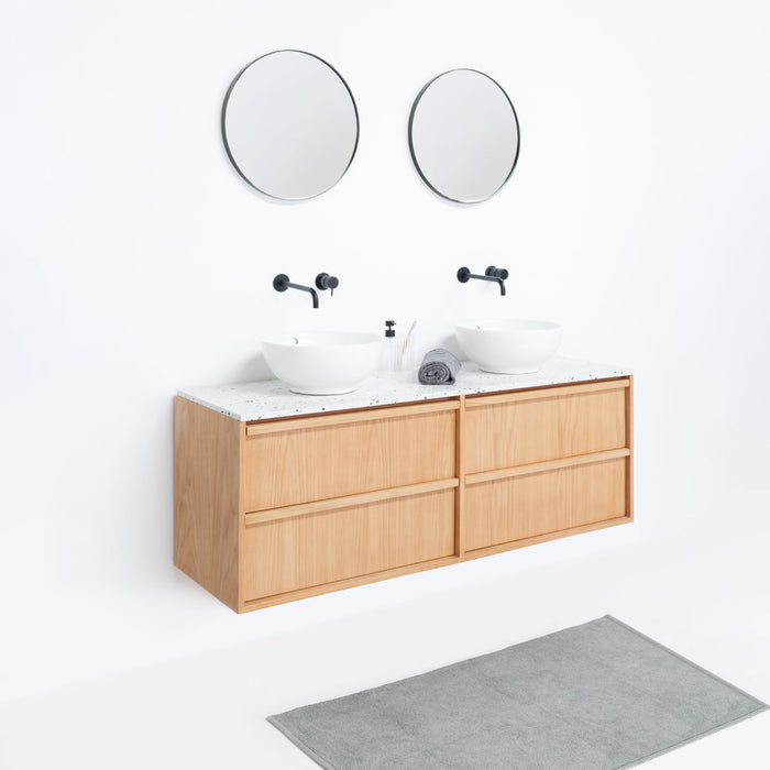 Fien badkamerkast - 150 cm - Scandinavisch eikenhout - Voorzien van Alexis I waskommen en wit terrazzo bovenplaat