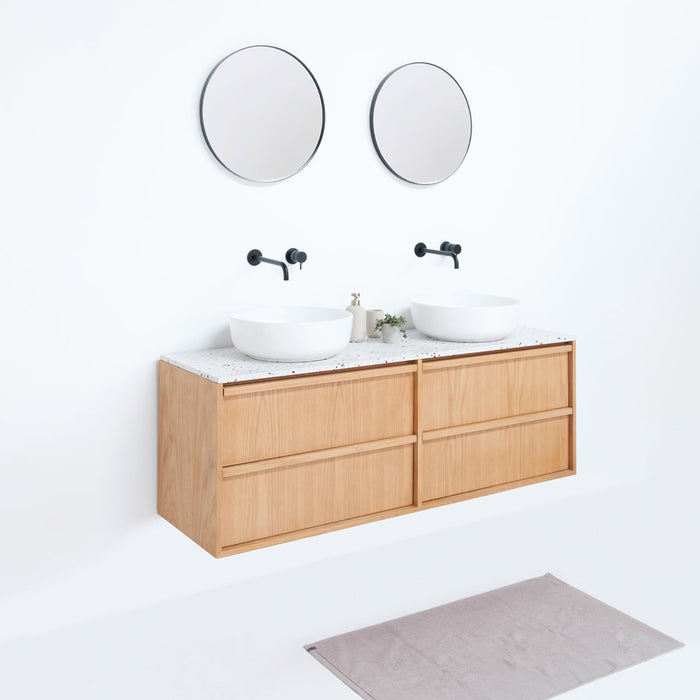 Eikenhouten badkamermeubel Fien - 150 cm - Witte terrazzo bovenplaat - Inclusief Alexis II wastafel