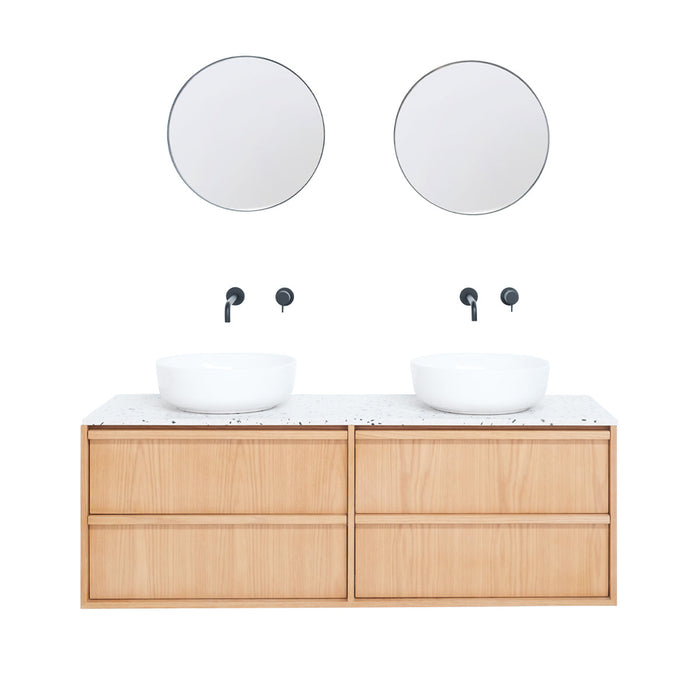 Eiken badkamermeubel Fien - 150 cm - Met wit terrazzo bovenplaat - Inclusief Alexis II wastafel