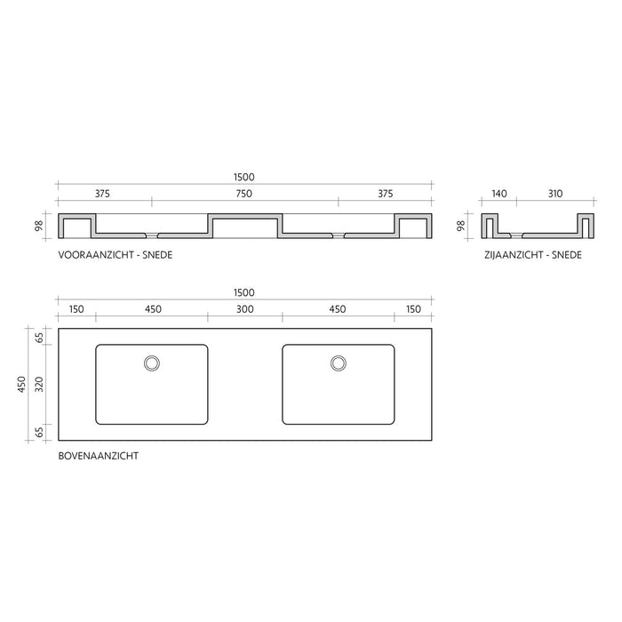 Wastafel Francis wit marmer 150 cm