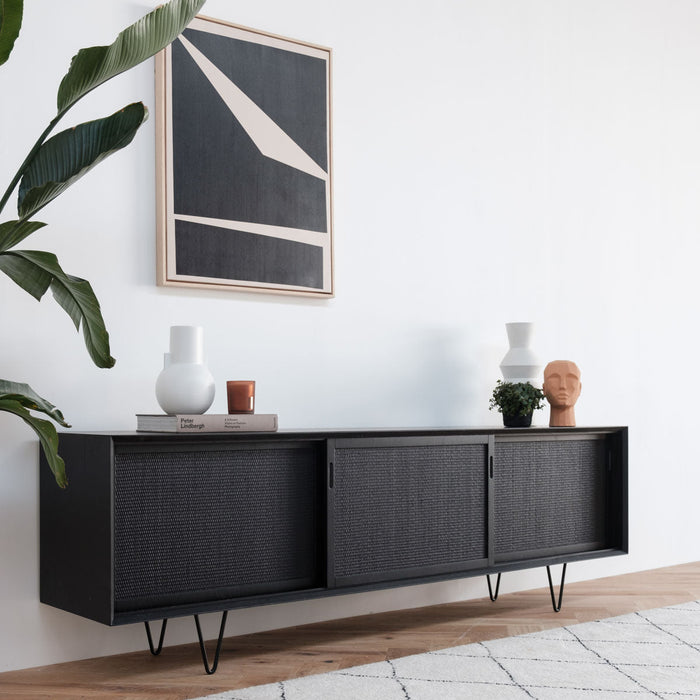 Dressoir zwart hout met rotan 