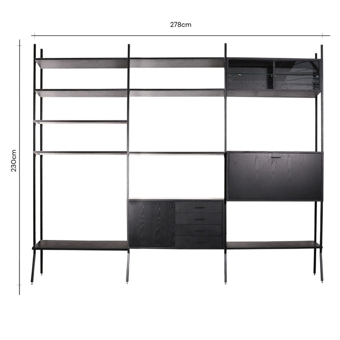 Zwarte wandkast met uitbreiding 278x230 cm